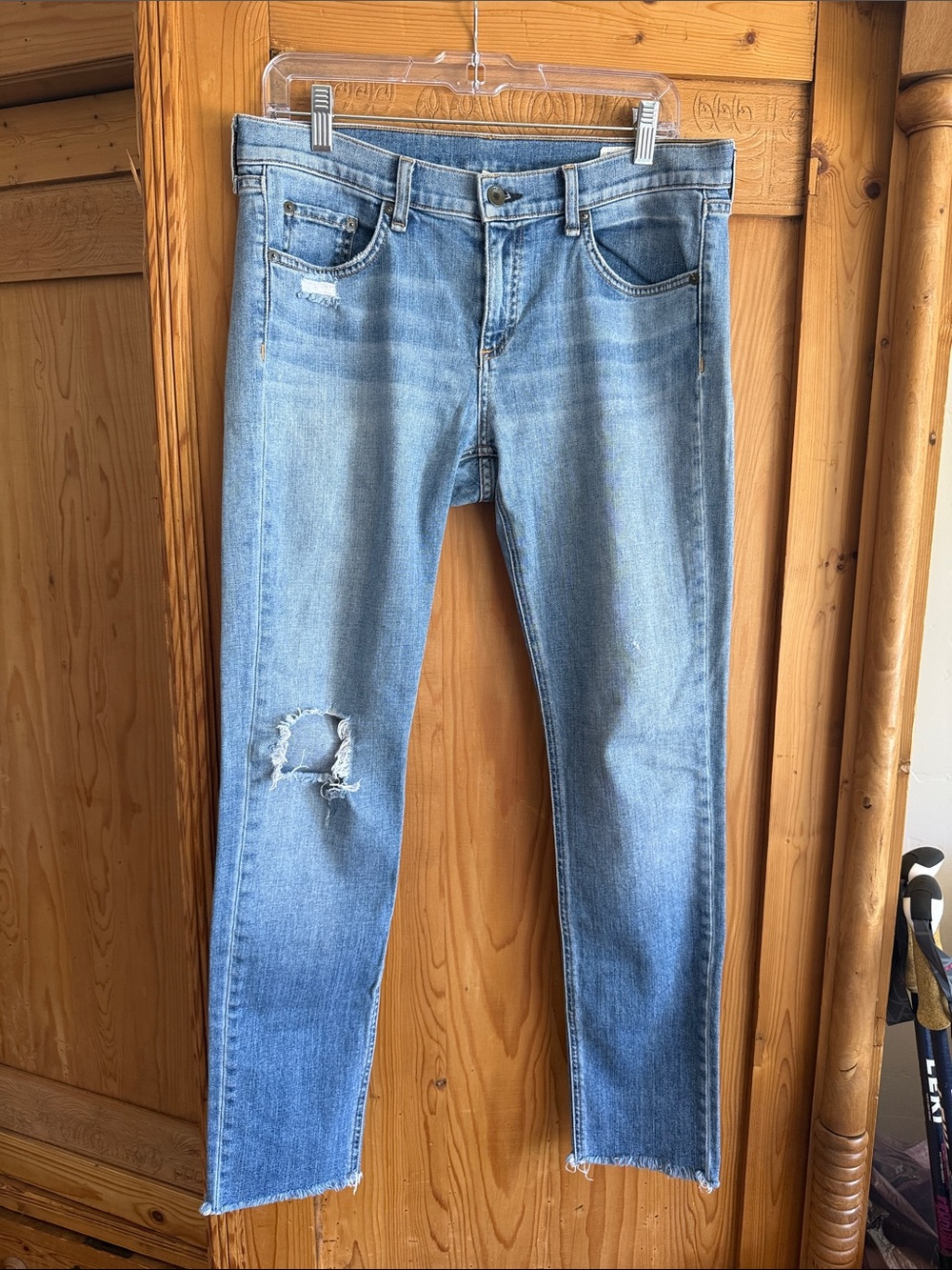 rag & bone Light Blue Straight Leg Jeans with Distressed Knee